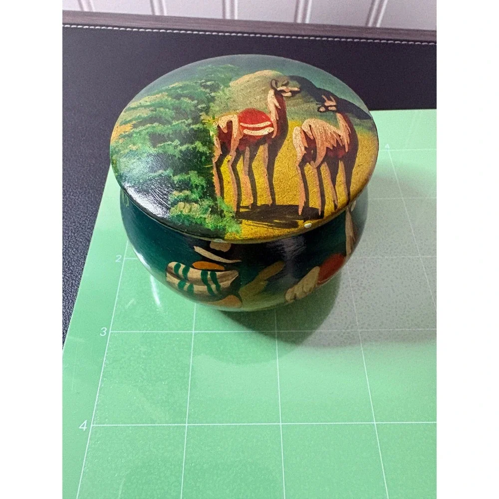 Vintage Hand Painted Wooden Trinket Box Llama Folk‎ Art Mountain Scene Round Lid